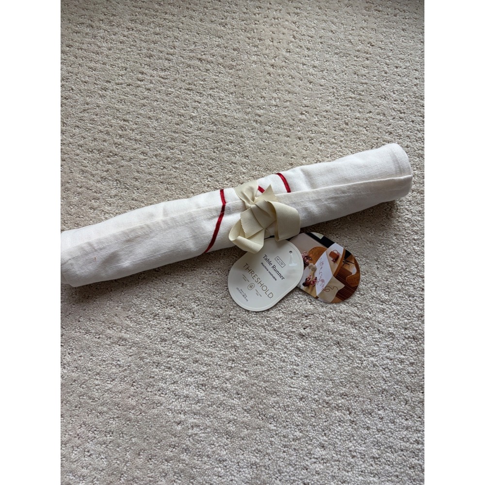 Threshold Table Runner 14x72 White Red Embroidered Cotton Minimalist Romantic